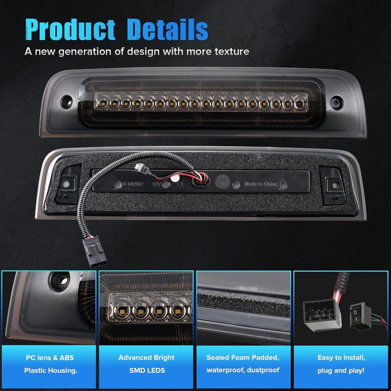 LUDARM LED 3rd Brake Light Compatible with Ram1500 2009-2018 Ram1500 Classic 2019-2021 Ram2500 3500 4500 5500 2010-2018 Laramie 2019 F1 Style Red Flash Third Brake Cargo Light (Smoke:2) - Image 4